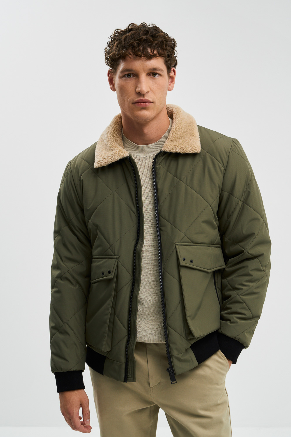 Утепленный бомбер с меховой отделкой Urban Fashion For Men 772963003 Зеленый