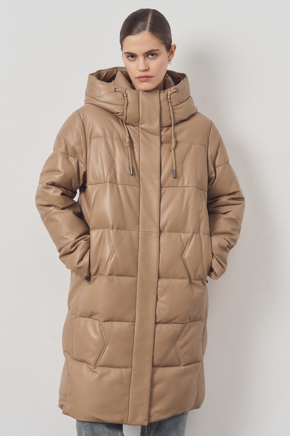 Утепленное кожаное пальто с капюшоном Снежная королева collection 777248003 Бежевый